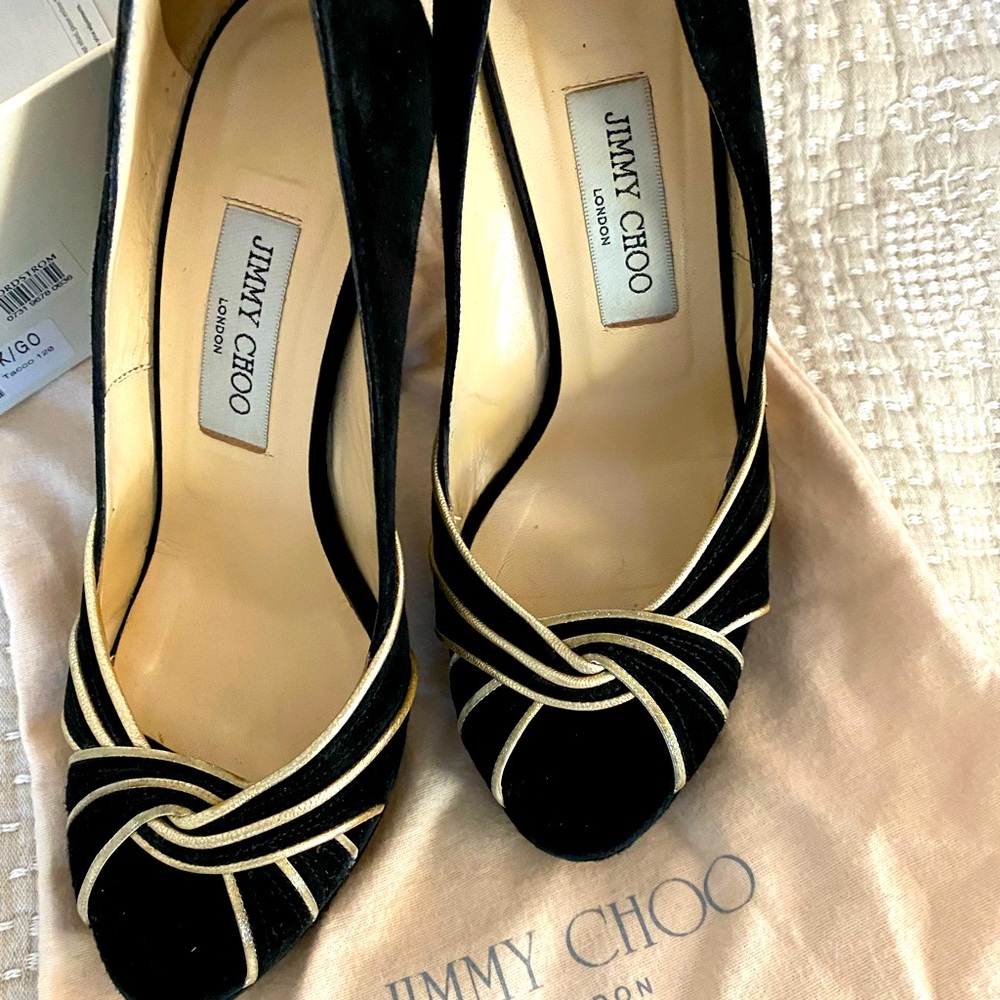 Jimmy Choo Kilda black gold suede heels sz 39.5